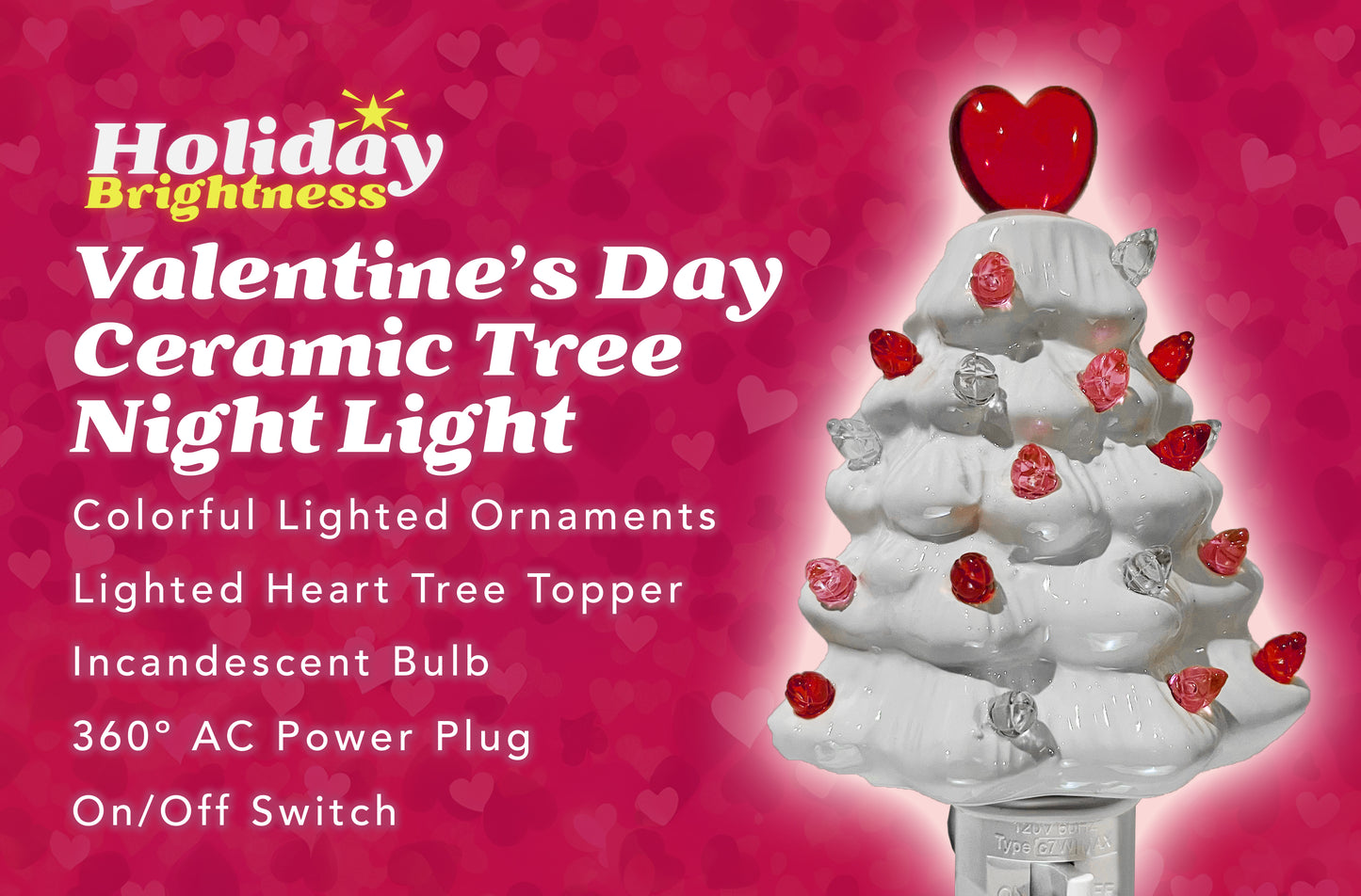 Valentine’s Day Ceramic Tree Night Light (Red Heart Top)